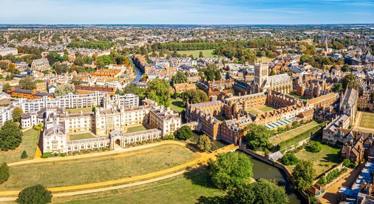 Aerial view of St John's College in Cambridge, United Kingdom